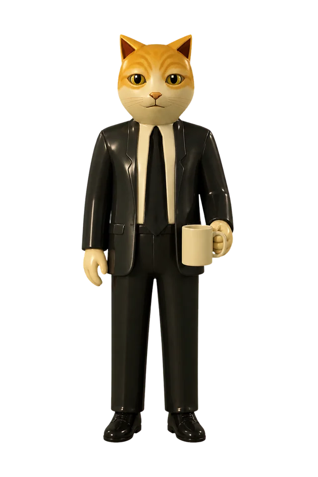 Mortimer standing with a mug